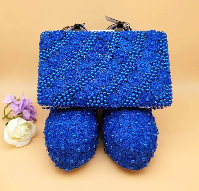 royal blue set BaoYaFang/белые кружевные женские свадебные туфли с сумочкой в комплекте; женские Вечерние туфли на высокой танкетке и на платформе; свадебные туфли для невесты - Цвет: royal blue set