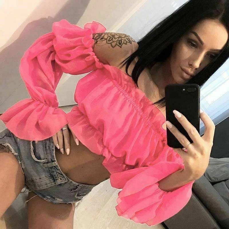 

New Women Chiffon Solid Blouses Crop Top Summer Sexy Cold Shoulder Ruffle Blouse Shirts Women Girl Party Club Blouse Blusas 2019