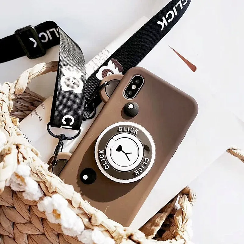 Bear Camera Pattern Phone Case For iPhone 8 plus X XR XS Max 6 6s 7 Plus Cute Retro Soft silicone with Lanyard Bracket |