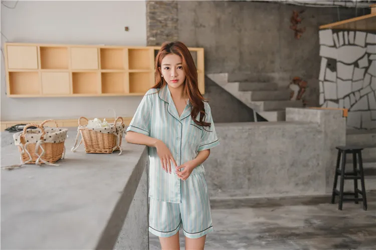 Fdfklak шелковые пижамы женские с коротким рукавом летние пижамы наборы Дамская одежда для сна полосатый модный пижамный комплект Pijama mujer