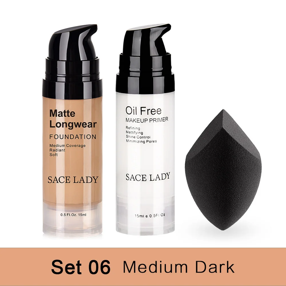 06 Medium Dark Set SACE LADY, профессиональный набор для макияжа, матовая основа, Праймер, основа, макияж, набор, контроль над маслом, поры, жидкий крем, брендовый косметический спонж - Цвет: 06 Medium Dark Set