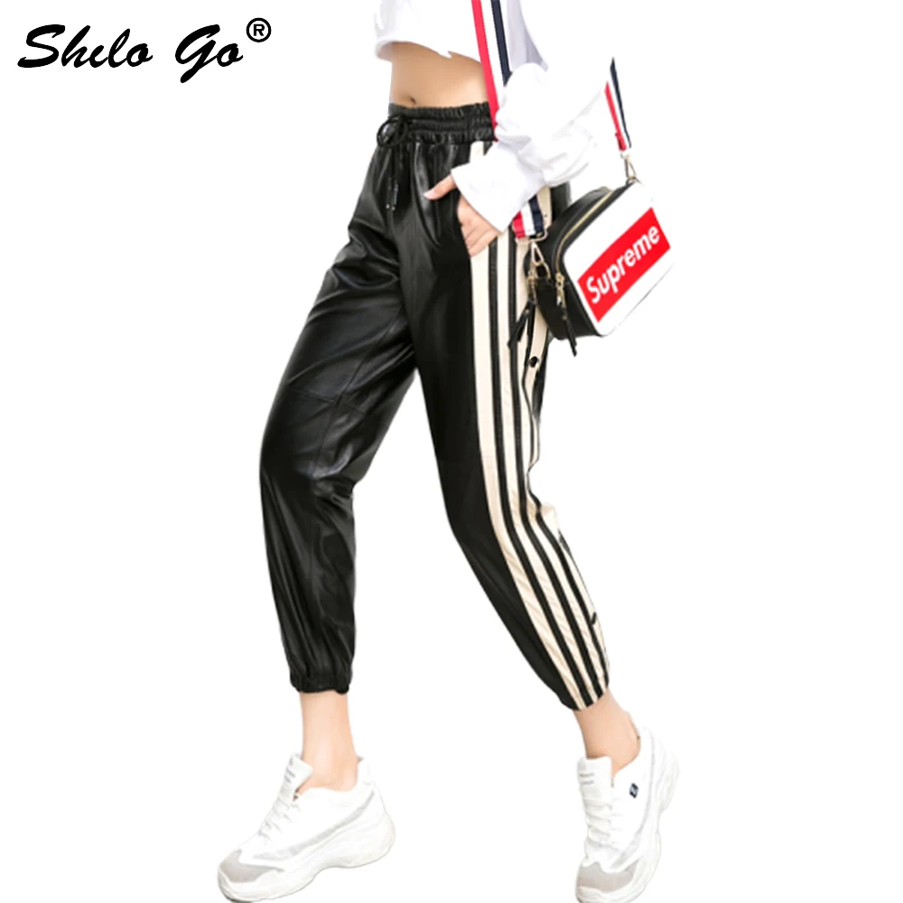 Женские кожаные брюки с полосками сбоку повседневные капри из натуральной