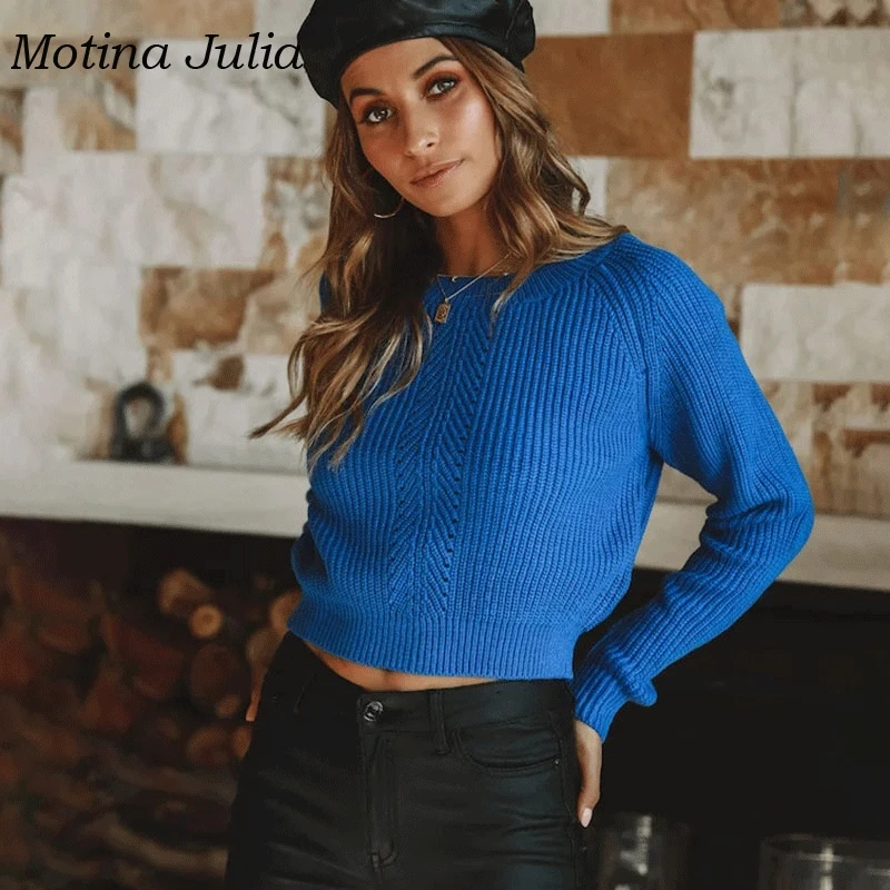 Motina Julia 2019 удобный вязаный свитер синий Повседневный укороченный джемпер Топы