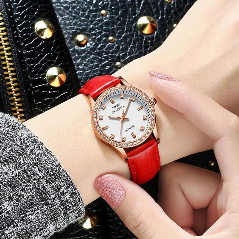 Zegarek damski OLMECA для женщин часы bling Красный Круглый циферблат Кожаный ремешок