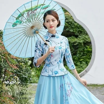 blue tops Sheng Coco элегантный Qipao Топ традиционное китайское Ципао Блузка 4XL Королевский синий китайским принтом женская одежда с длинным рукавом - Цвет: blue tops