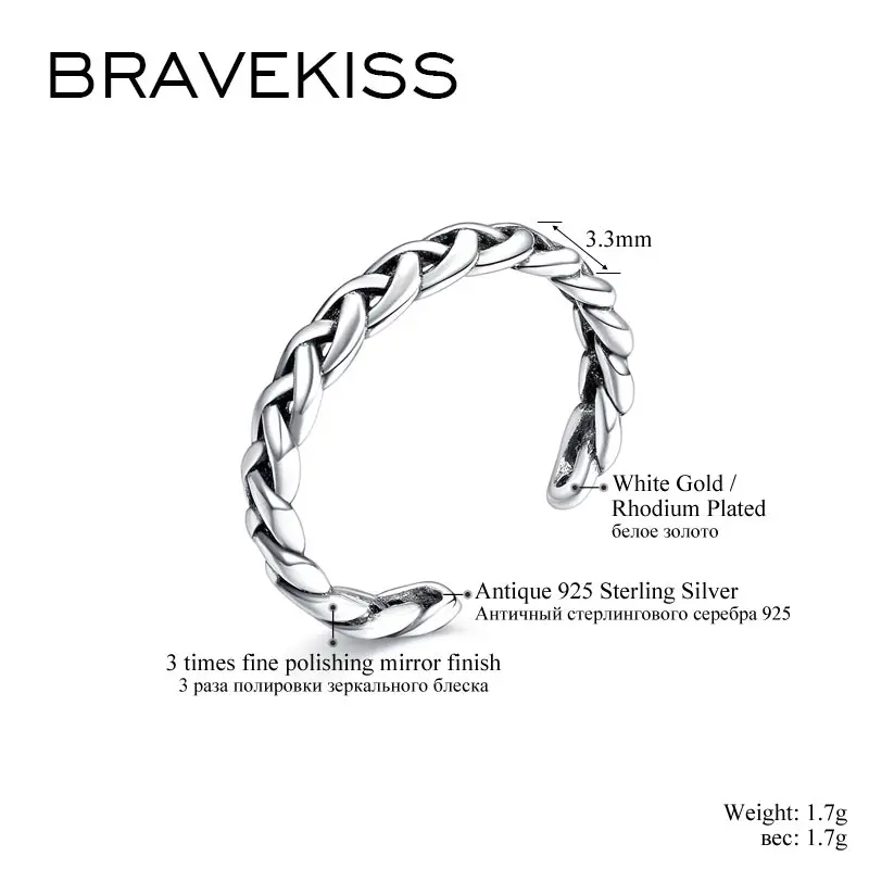 BRAVEKISS винтажные открытые плетеные витые кольца из стерлингового серебра 925 пробы