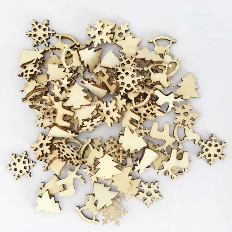 

ZLJQ 100pcs Wooden Christmas House Ornaments Hanging Crafts Snowflake Trojan Ornament Set for Wedding Diy Xmas Tree Decoration