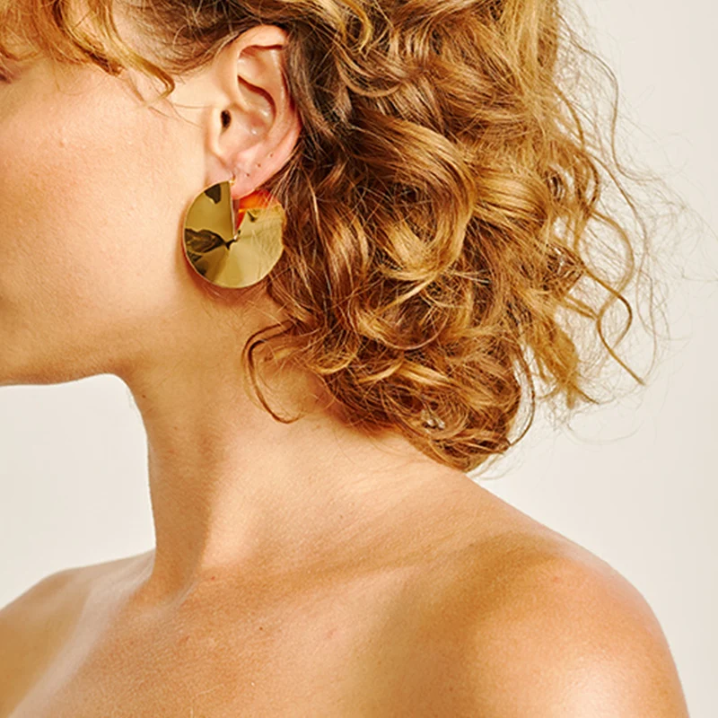 Женские круглые серьги гвоздики диски LWONG большие медные пусеты золотого цвета