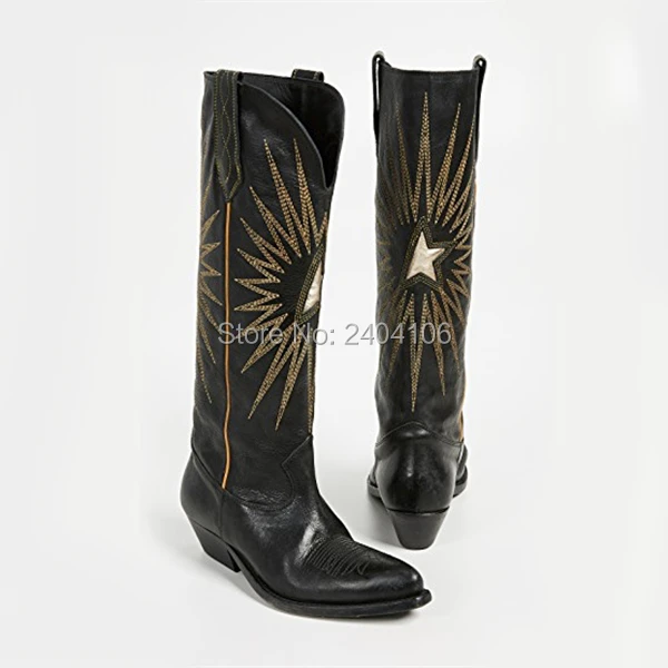 

Shooegle Brand Western Retro Style Autumn Winter Cowboy Boot Pointed Toe Block Heels Black Brown Leather Embroidered Boots Women