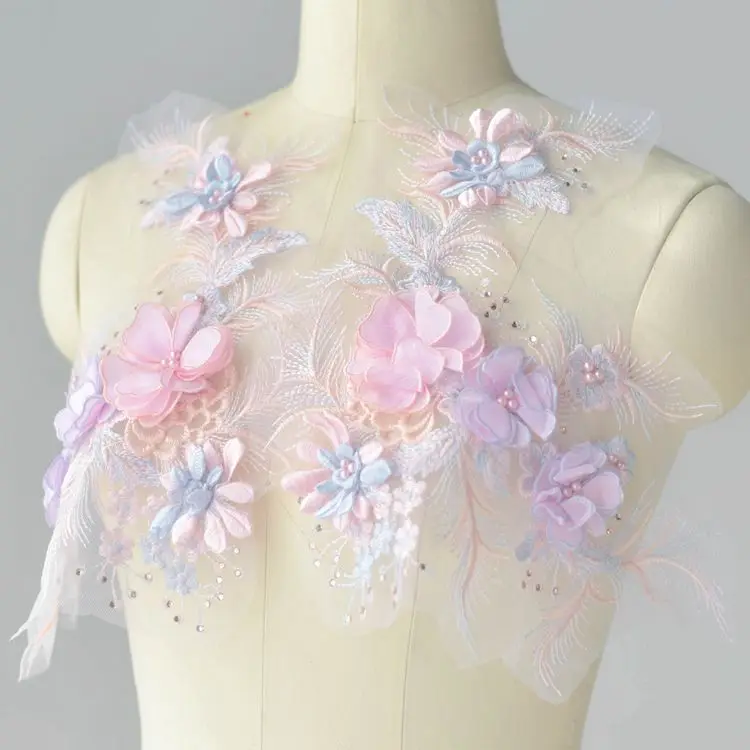 1 пара красочных 3D вышитых бисером кружевных цветов патч ручной работы свадебное