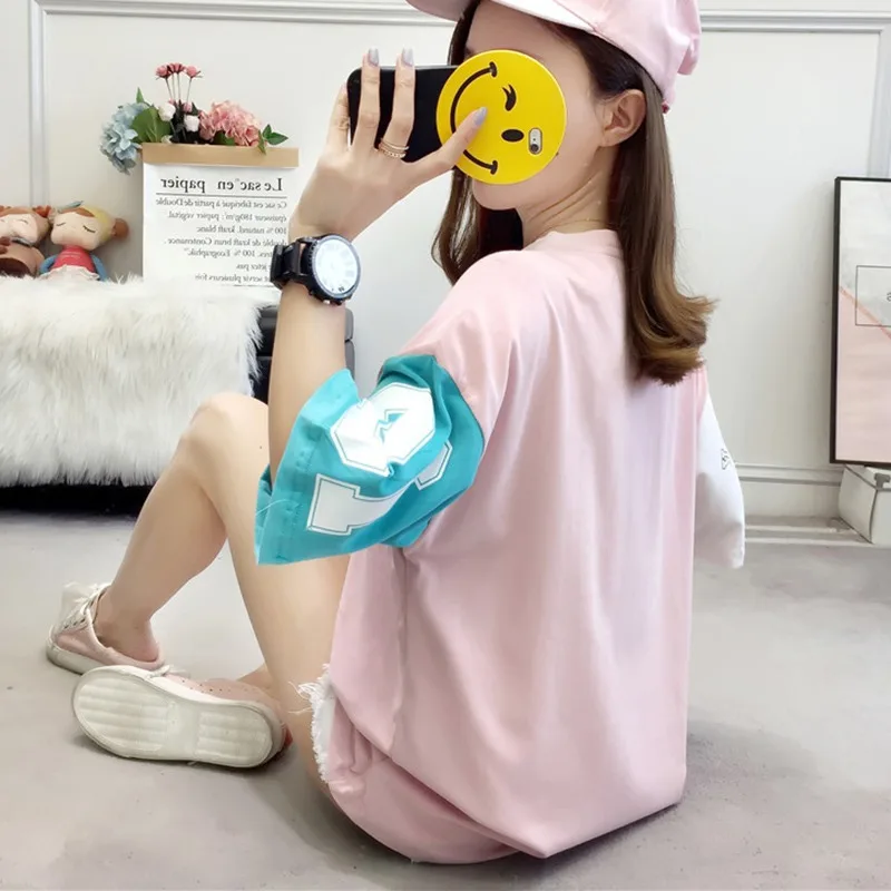 2019 женские футболки Япония панк Kawaii Ulzzang Лето свободные буквы печать кольцо