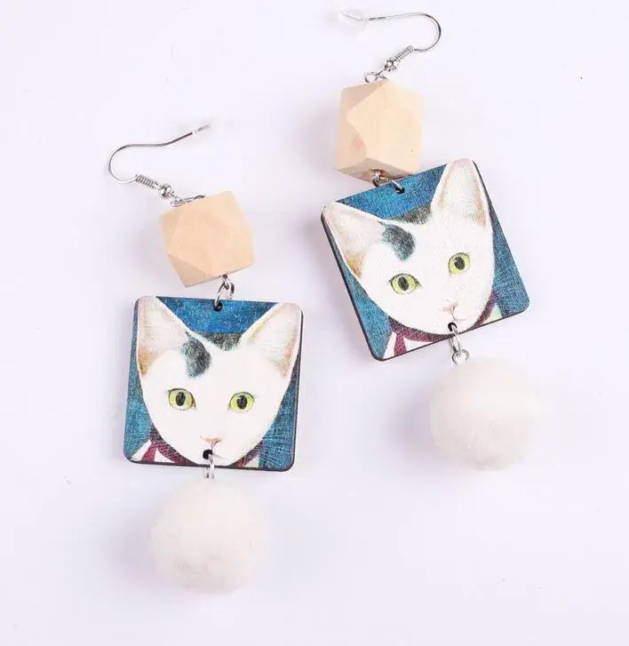 Lovely Harajuku Funny Wood Drop Earrings Little Cat Fuzzy Ball Dangle for Women Girl Fashion Printed | Украшения и аксессуары