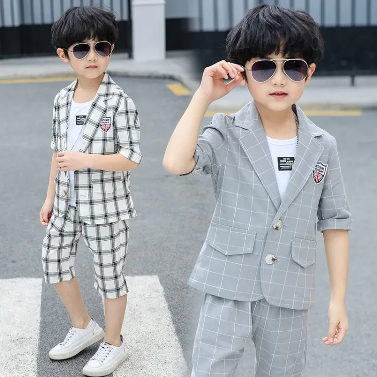 2019 New 3PCS Kids Plaid Wedding Blazer Half sleeve Suit Brand Flower Boys Formal Tuxedos School Spring Clothing Set |