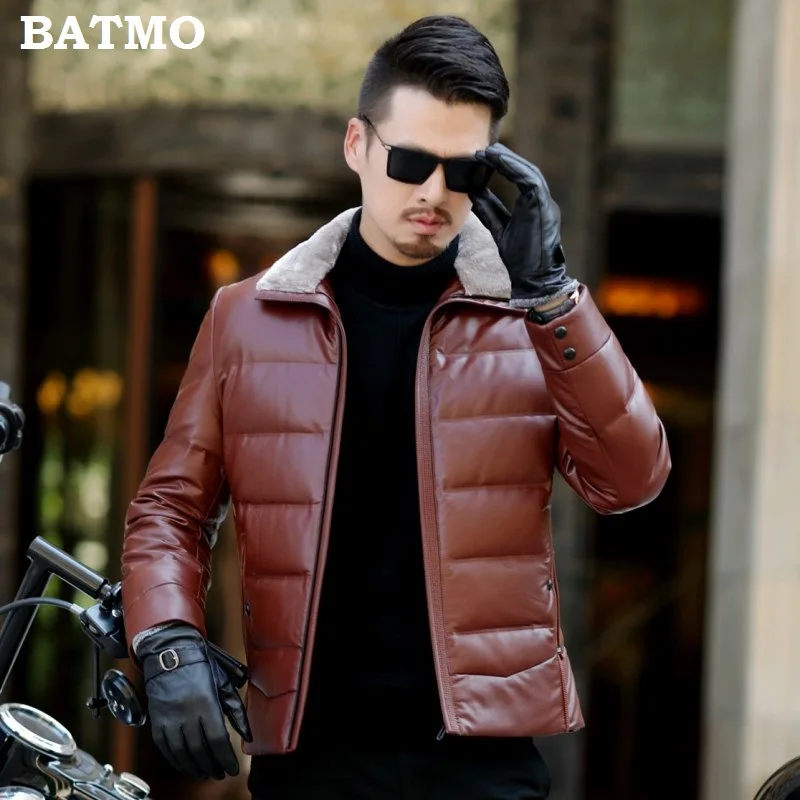 Batmo, Новое поступление, зимние куртки высокого качества из искусственной кожи, 90% белый утиный пух, шерстяные меховые воротники, мужские куртки, мужские коричневые кожаные пальто 801 - Цвет: wine red
