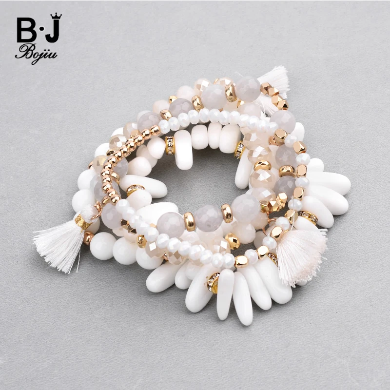 

BOJIU Natural Stone Arrow Tassel Charm Bracelets Set For Women White Glass Beads Irregular Blue Turq. Crystal Bracelets BCSET285