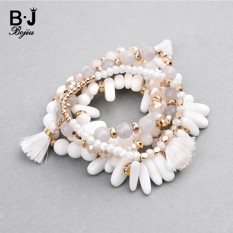 BOJIU Natural Stone Arrow Tassel Charm Bracelets Set For Women White Glass Beads Irregular Blue Turq. Crystal Bracelets BCSET285