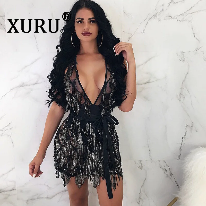 

XURU Summer New Sequined Dress Two-Piece Sexy Nightclub Perspective Club Party Dress Sling Gauze Strap Short Dress