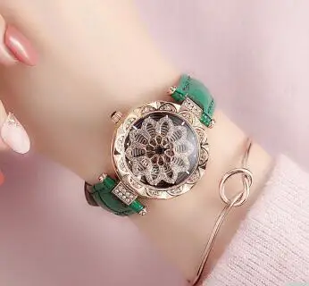 Leather Green Модные Guou Топ Бренд Скелет женские кварцевые часы сердце вращающийся лицо водонепроницаемые женские кожаные Стальные наручные часы - Цвет: Leather Green