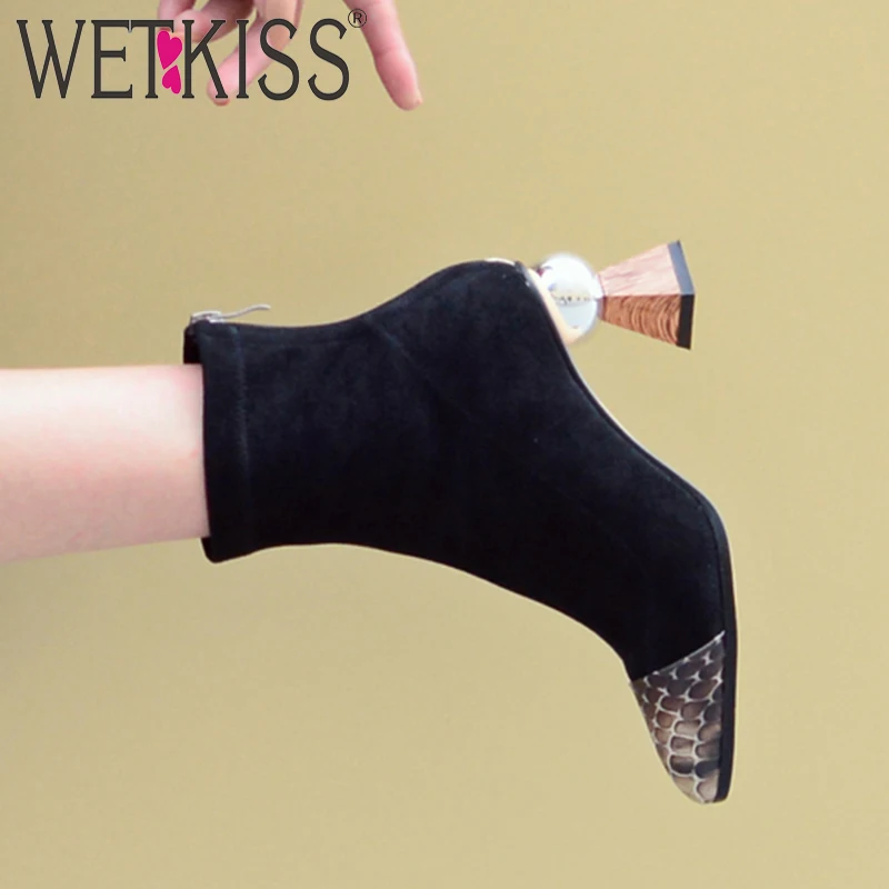 Женские сапоги из змеиной кожи WETKISS черные на высоком каблуке с квадратным носком