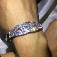 luxury cross bangle 5a cubic zirconia t shape stone baguette bracelet white gold filled bangles for women wedding accessaries