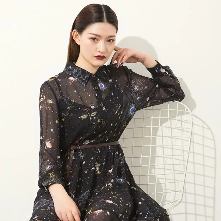 Весеннее Новое Европейское и американское шифоновое платье с отворотом тонкое