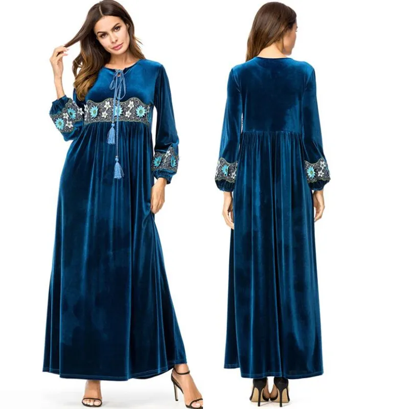Vestidos кафтан арабский абайя Дубай бархат хиджаб с вышивкой мусульманское платье