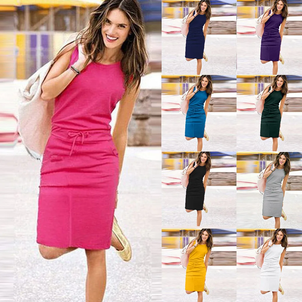 2019 Сексуальное Женское праздничное платье без рукавов прямое с круглым вырезом