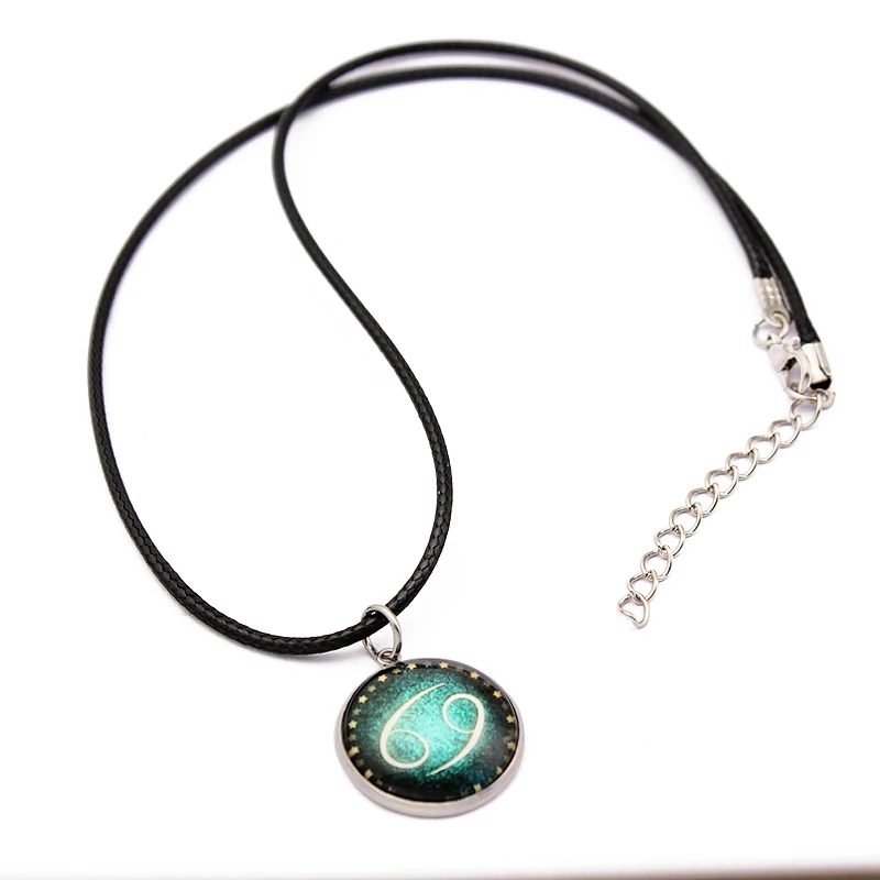 Ожерелье с кулоном 12 созвездий Знаки зодиака стеклянная круглая кожаная цепочка