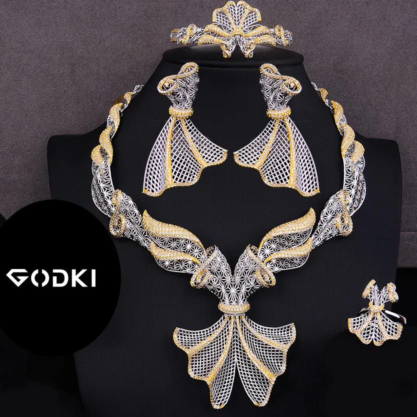 GODKI модный роскошный набор украшений для женщин в нигерийском стиле с бантиком, 4 шт., Свадебный полный кубический циркон, Дубай, комплект свадебных ювелирных изделий