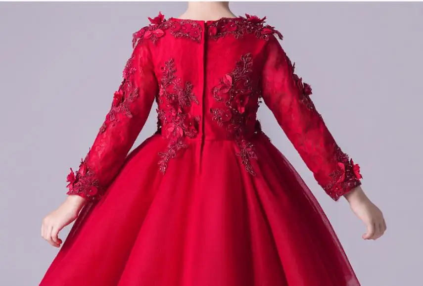 Kids Girl Dress Red Tulle Appliques Flower Party Ball Gown Prom Long Sleeve Kid Princess Wedding First Communion | Детская одежда и