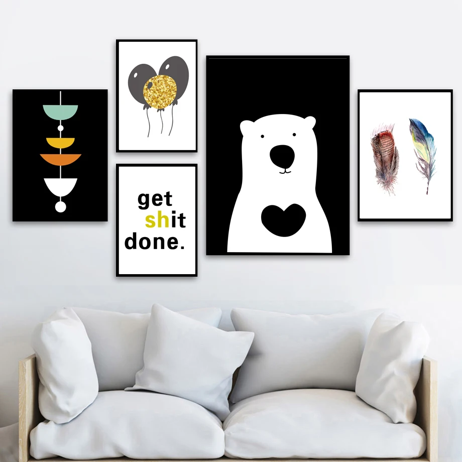 Абстрактный геометрический Медведь Воздушные шары перо кавычки Wall Art Холст