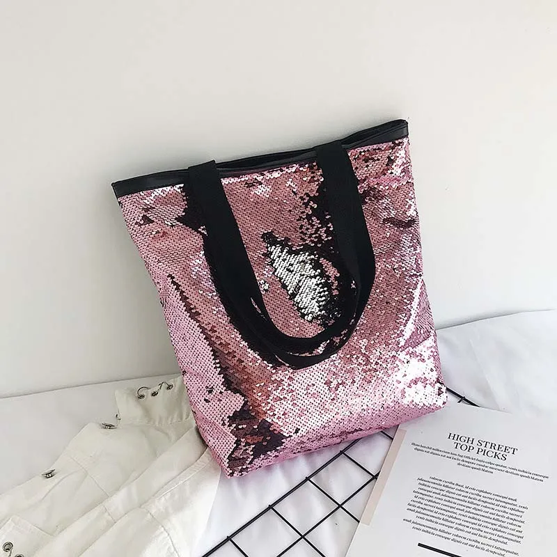 pink Портативные сумочки со стразами, женская модная сумка для покупок с блестками, Большая вместительная сумка на плечо с блестками, пляжная сумка с пайетками - Цвет: pink