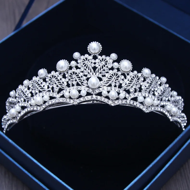 Luxury Baroque Silver Plated Crystal Tiaras Rhinestone Hair Ornaments Bridal Head Jewelry Pearl Wedding Crown Brides Hairbands