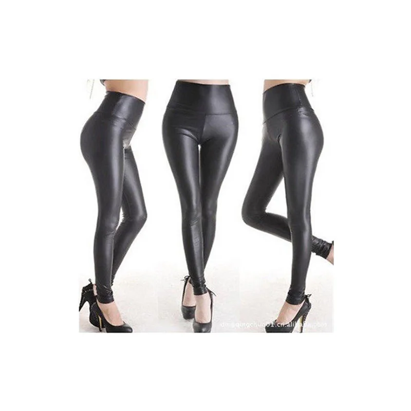 New Fashion Classic Slim Leggings High Waist Stretchy Womens Faux Leather Leggings Skinny Pants - Black