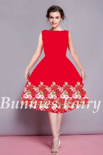 BunniesFairy, весна, новинка, Хепберн, винтажный стиль, красный, розовый, цветочный принт, высокая талия, жилет, миди, платье, новогодние, вечерние