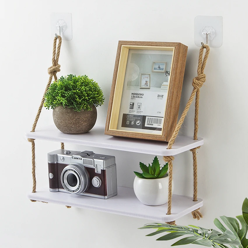 Wooden Hanging Shelf Swing Rope Floating Shelves 2 Tier Jute Wall Display Rack Children room kids clothing store display | Дом и сад