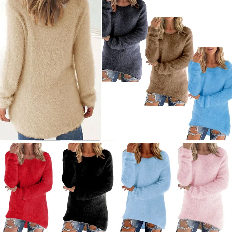 Свитер женский зима осень 2017 мохер длинный теплый вязаный зимний свитер с