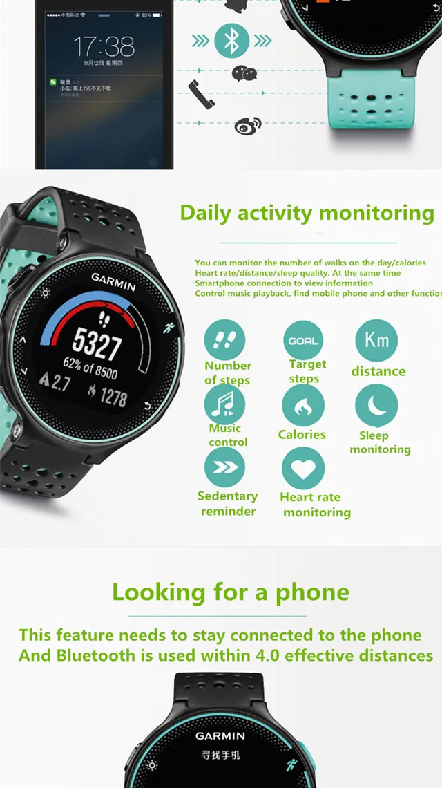 Garmin Forerunner235 смарт gps+ часы ГЛОНАСС мульти-Спорт 5 АТМ наручные часы Фотоэлектричество датчик сердечного ритма для беговой дорожки