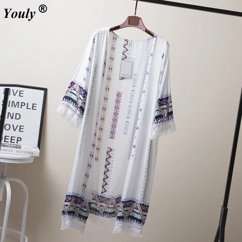 Bohemian Style 2021 Summer P Long Cardigan Kimono Tops Casual Boho Hippie Embroidery Tassel Ladies Shirts Women Tops