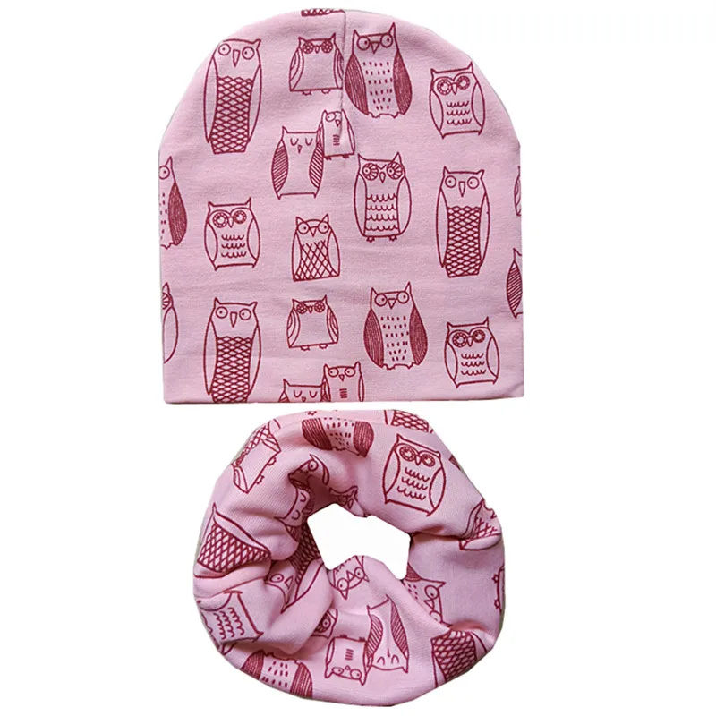 pink owl Модные осень-зима, детская шапка, комплекты, Детские хлопковые шляпы, шарф, воротники с принтом со звездой для мальчиков и девочек, шапочки для детей Кепки ребенка Шапки набор - Цвет: pink owl