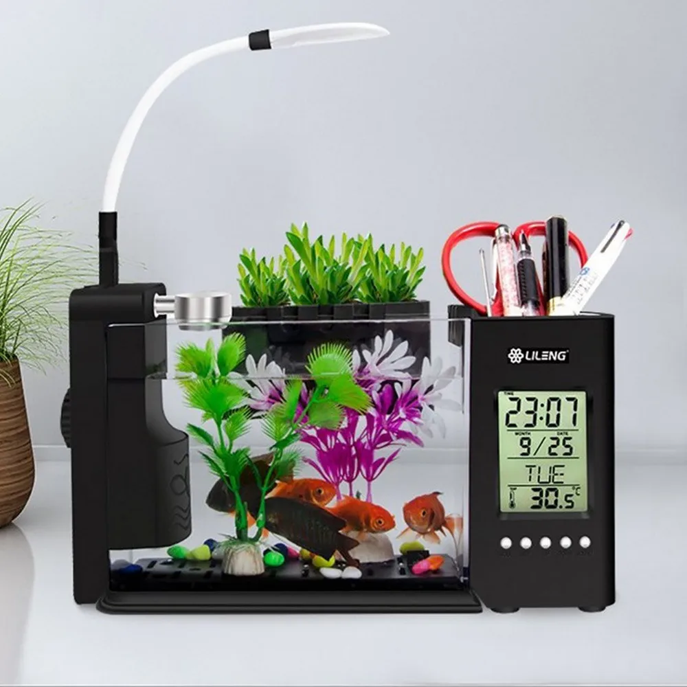 Мини-пластиковый аквариум для аквариумов светодиодный USB Betta аквариумные рыбки с держателем для ручки ЖК-дисплей экран и часы