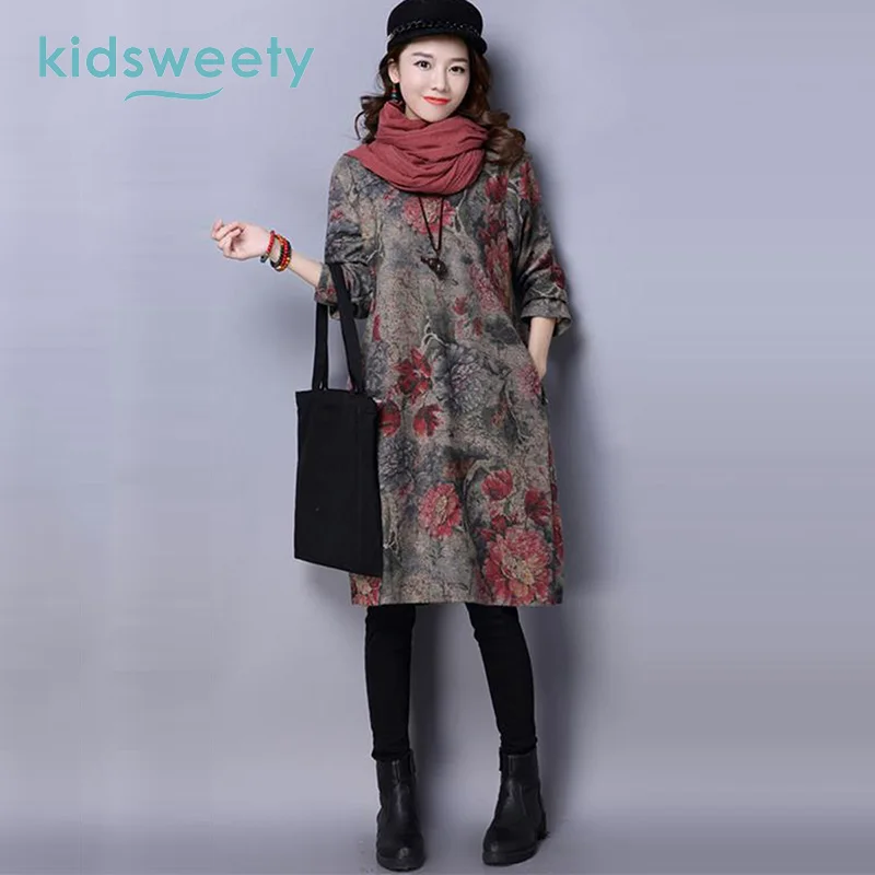 Kidsweety женские платья из хлопка и льна с длинными рукавами круглым вырезом в