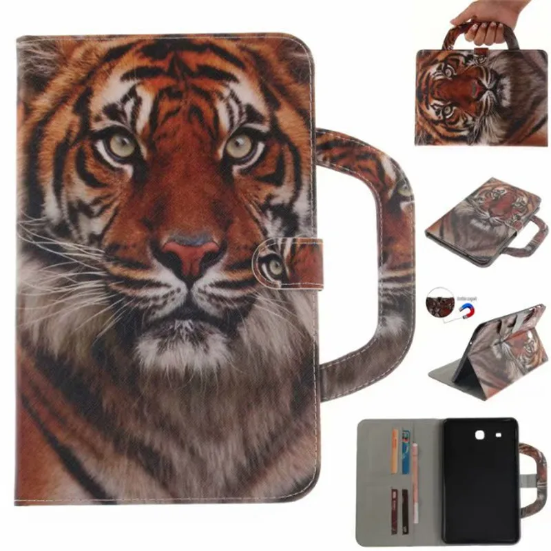 Tablet Case For Samsung Galaxy Tab E 9.6&quot T560 Handle Flip Cover Stand Leather Wallet Coloured drawing Tiger Lion wolf Coque |