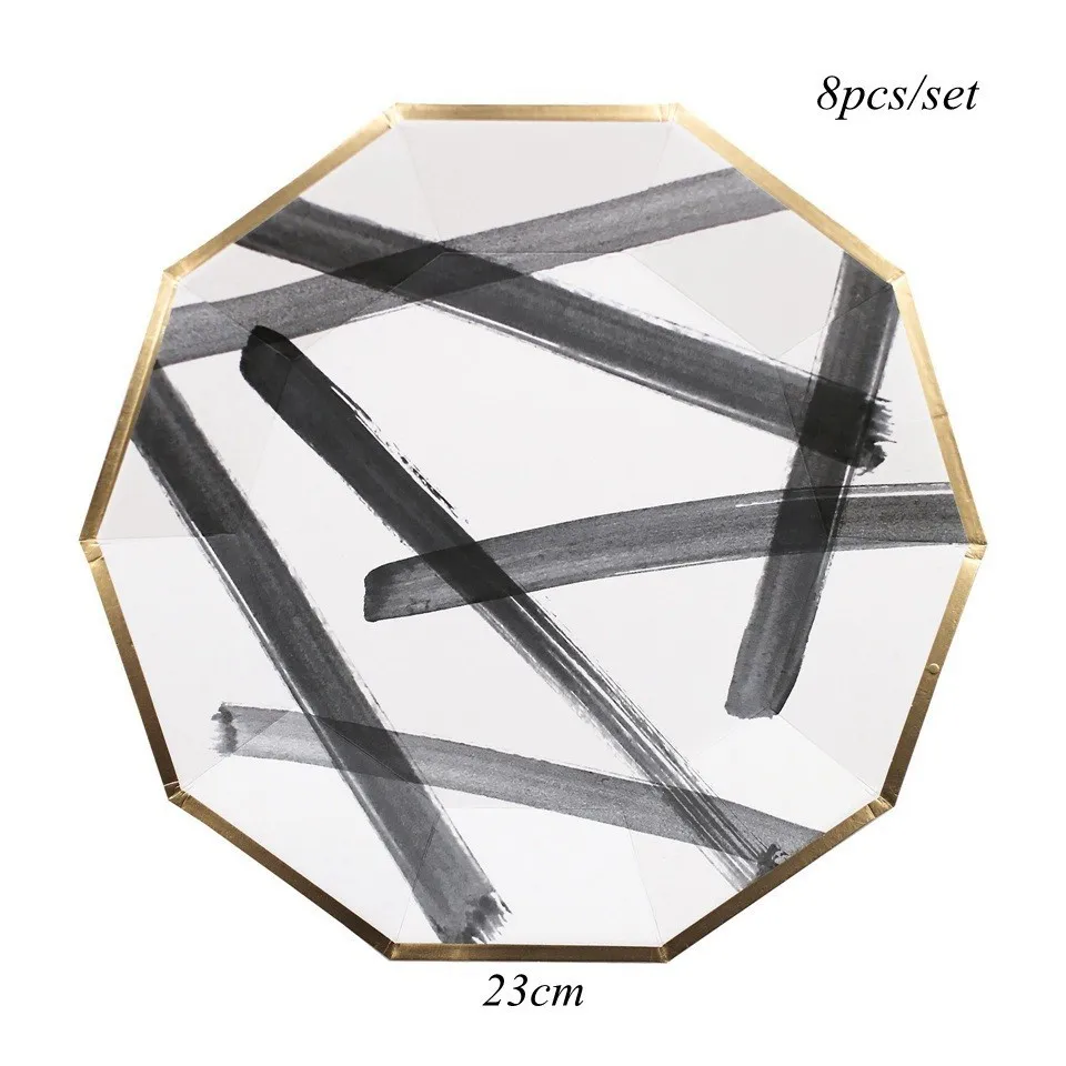 8pcs WB Plate L 1 Набор одноразовых столовых приборов белого и черного цвета, набор для рисования чернилами, позолота, бумажная тарелка/чашка для свадебного стола, Декор, принадлежности для дня рождения - Цвет: 8pcs WB Plate L