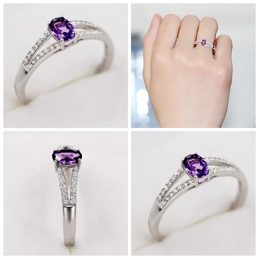 Gemlove Протестировано серебро 925 пробы натуральный аметист камни драгоценный камень, бриллиант ювелирные изделия женские обручальные кольца с коробкой CJ037