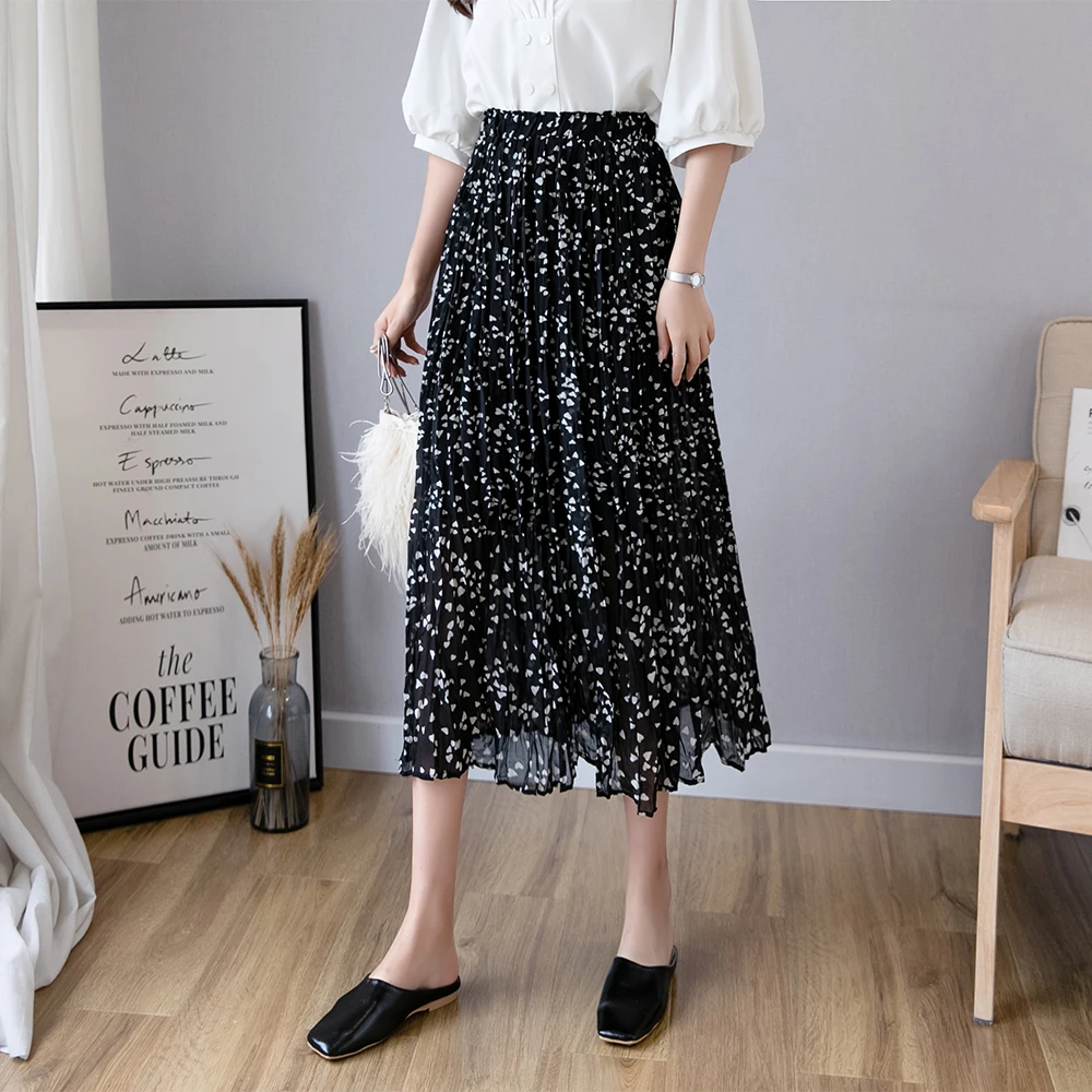 2019 Summer Floral Printing Chiffon Skirts Womens High Waist Pleated Long Skirt Korean Streetwear Women Clothes | Женская одежда