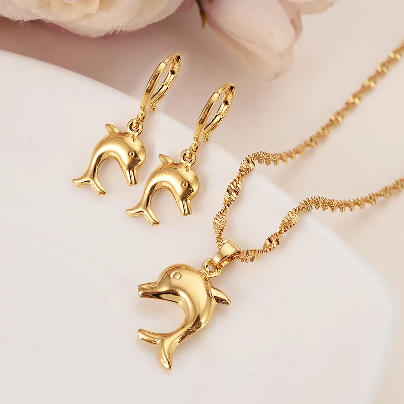 

Gold Color Small Size Cute Dolphin Pendant Necklaces and Earrings for Women/Girls,Papua New Guinea Jewelry Party Gifts