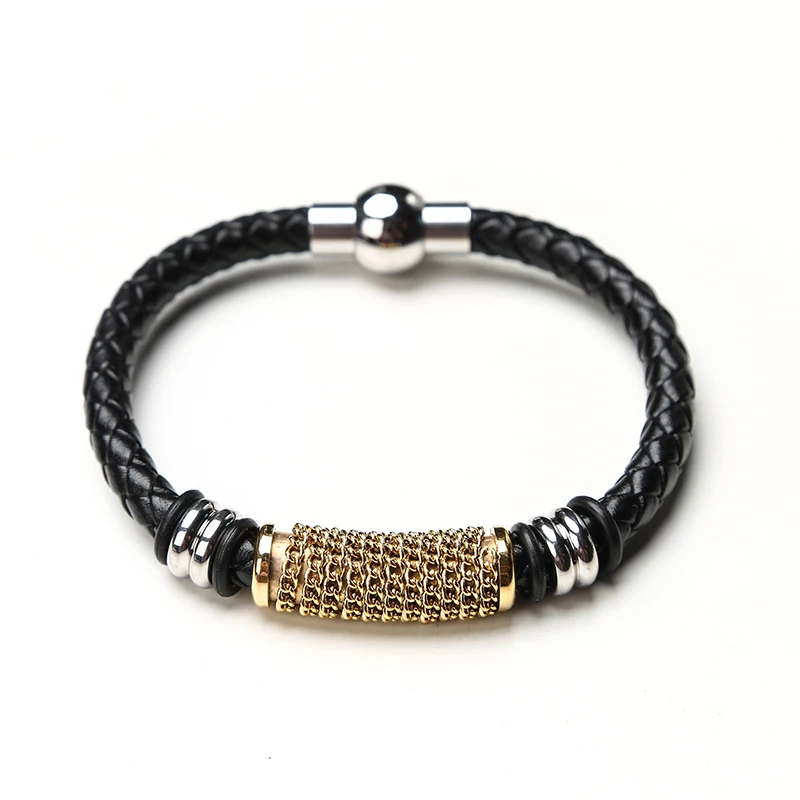 MOGE новое поступление черный плетеный кожаный браслет для мужчин нержавеющие