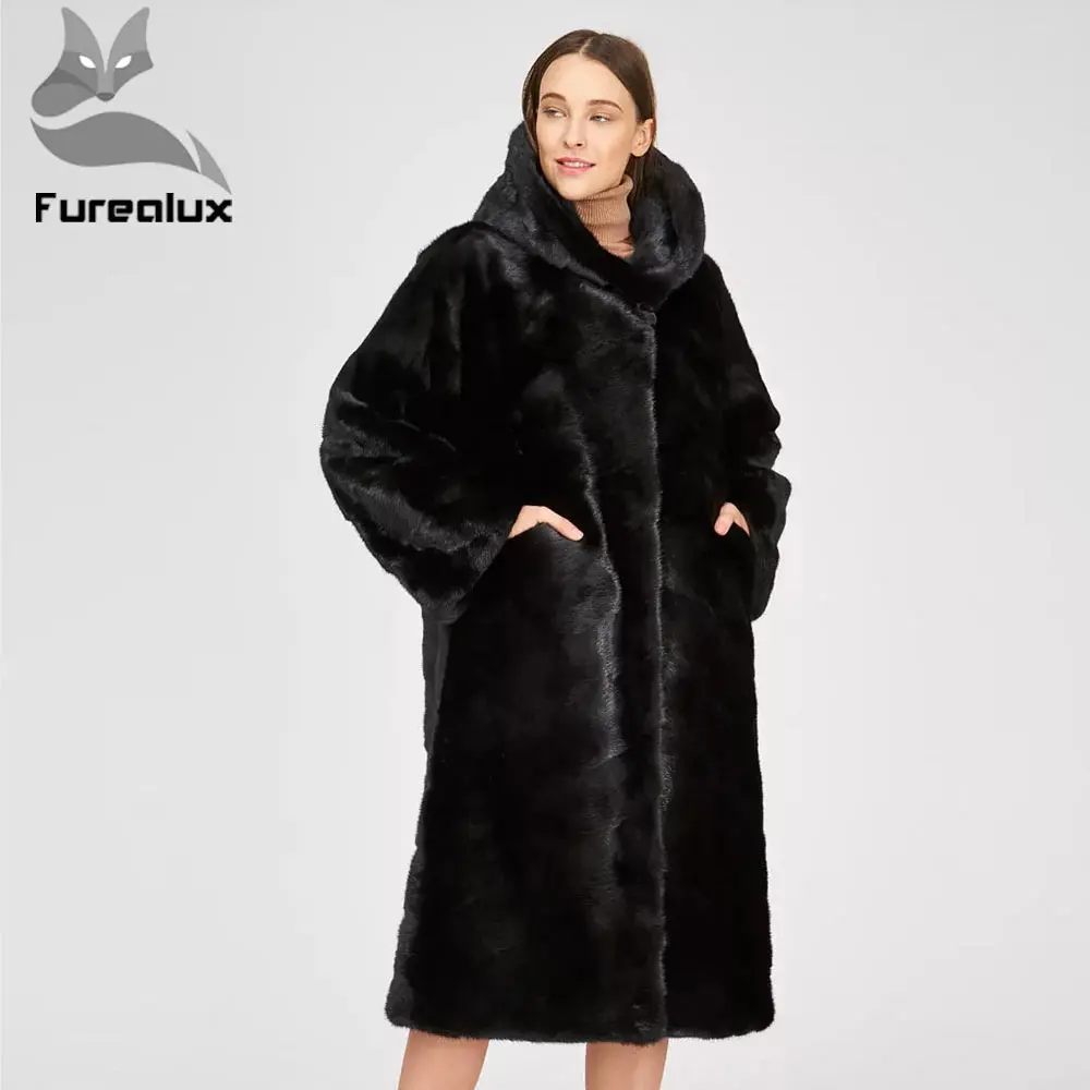 Furealux шуба из цельной норки длинная теплая куртка с воротником-стойкой из натурального меха с капюшоном Подлинная верхняя одежда женское пальто