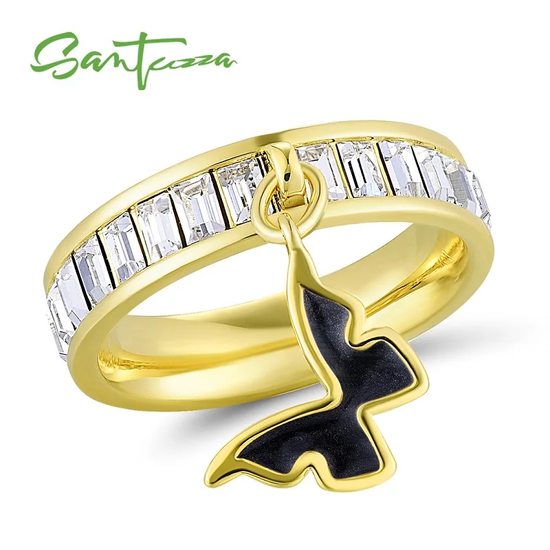 Gold Plated (Black) SANTUZZA круглое кольцо для женщин многоцветное Сверкающее кольцо с кристаллами модное великолепное ювелирное изделие ручной работы с эмалью - Цвет основного камня: Gold Plated (Black)